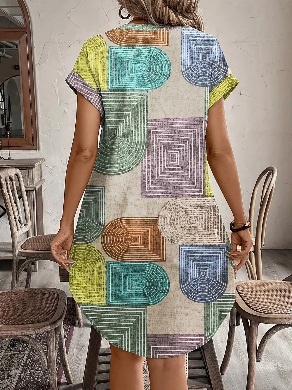 Full Size Geometric Print Button-Down Shirt Dress Plus Size, image 4