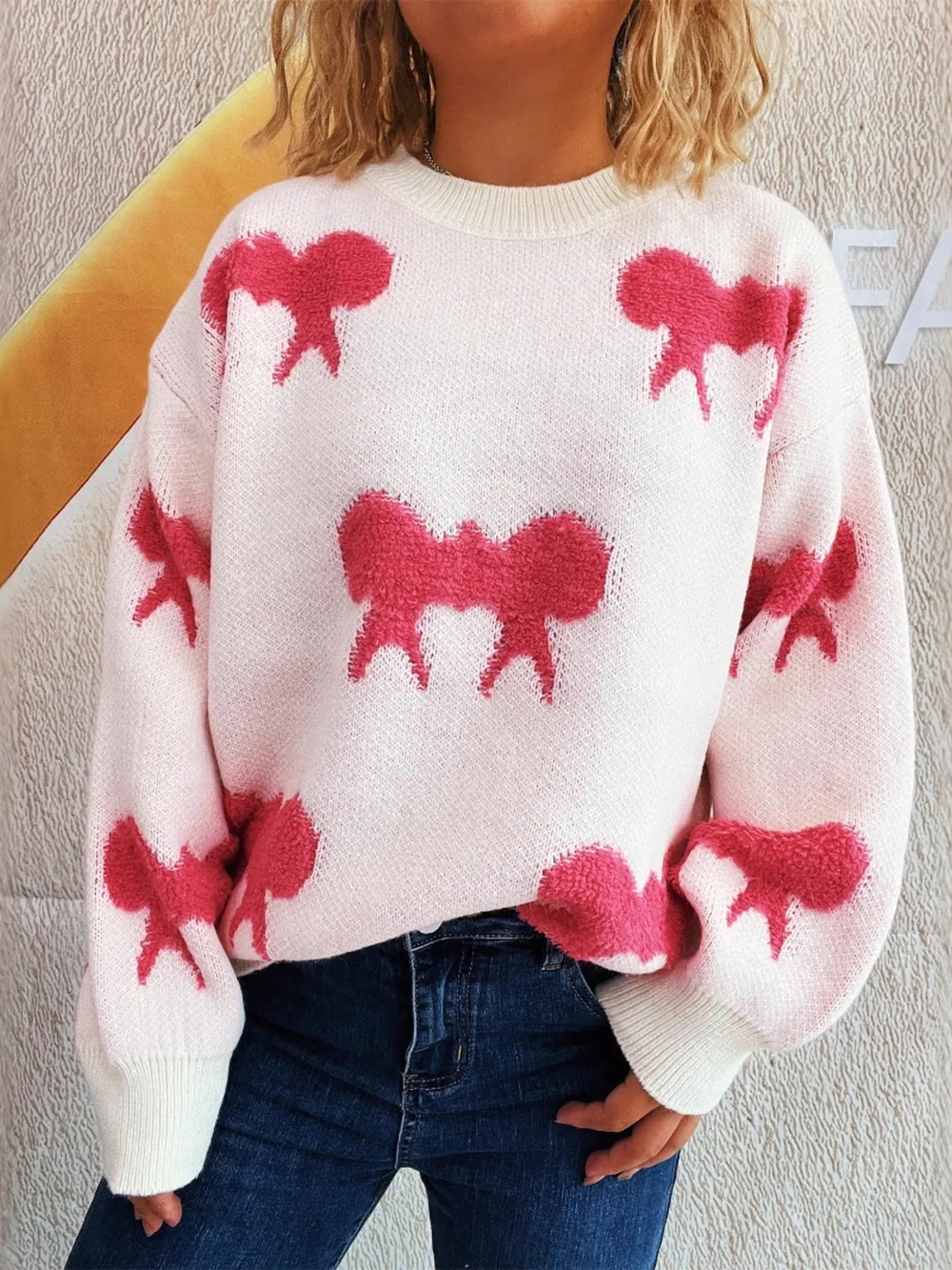 Bow Pattern Round Neck Sweater, image 4