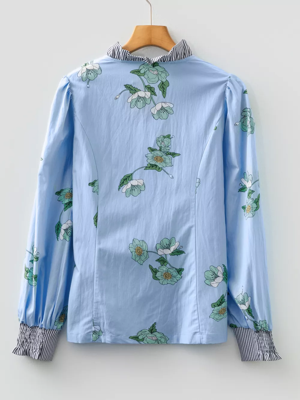 Floral Print Contrast Striped Trim Ruffled V Neck Fall Blouse, image 9