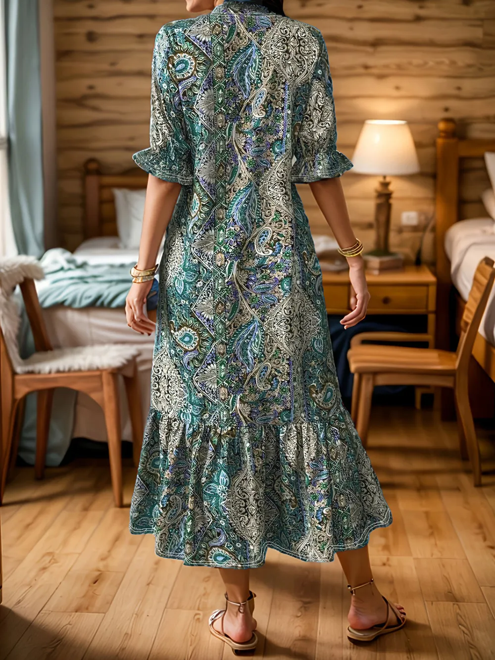 Full Size Bohemian Paisley Print Ruffle Hem Midi Dress Plus Size, image 9