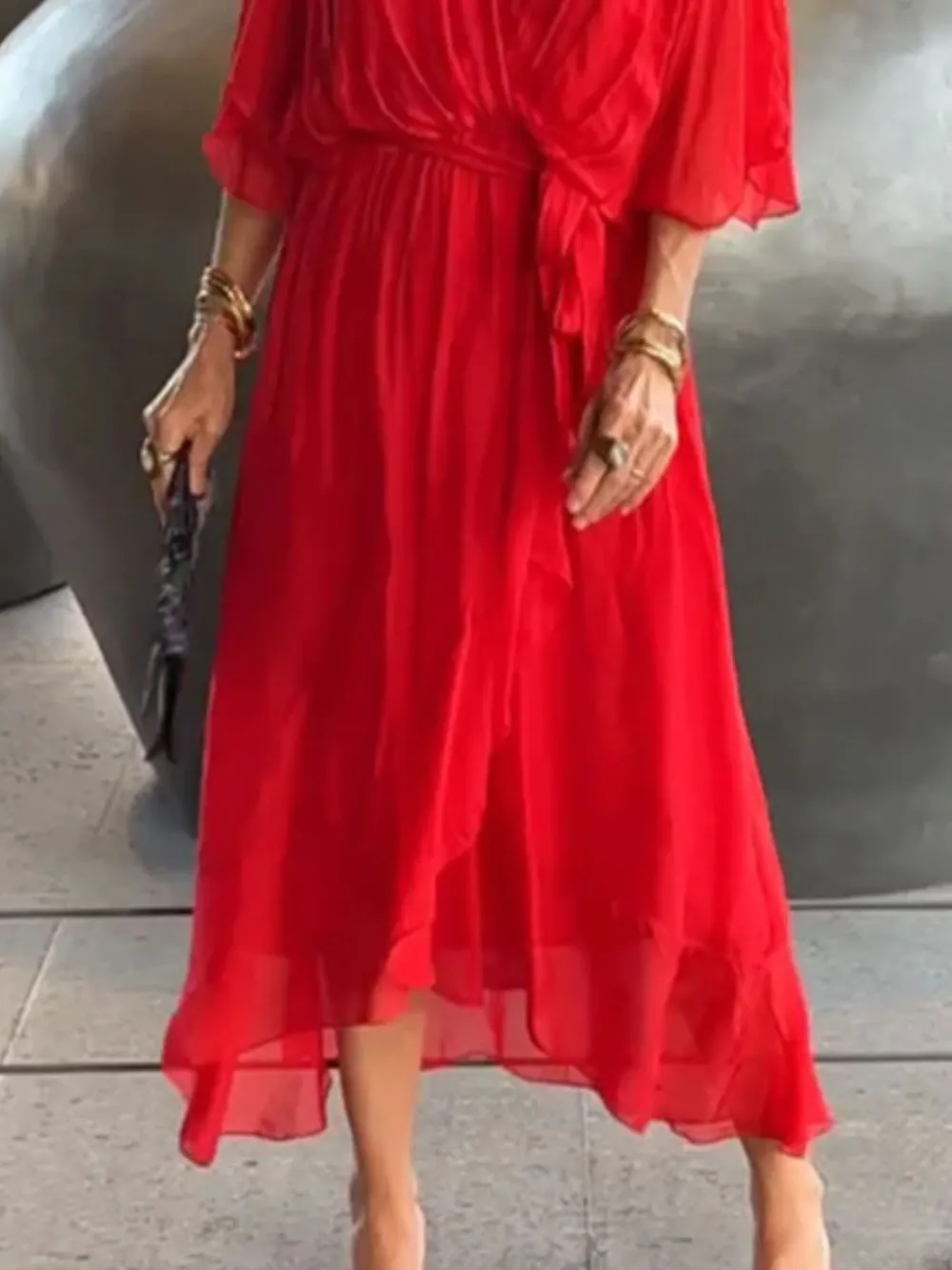 Full Size Flowy Tie Front Midi Dress with Flutter Sleeves Plus Size, image 30