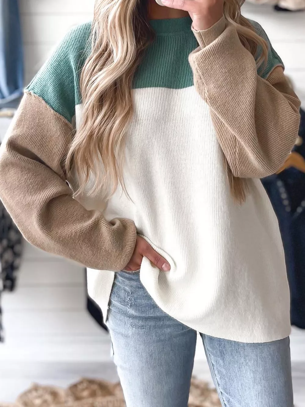Color Block Plain Ribbed Knit Sweatshirt, image 12