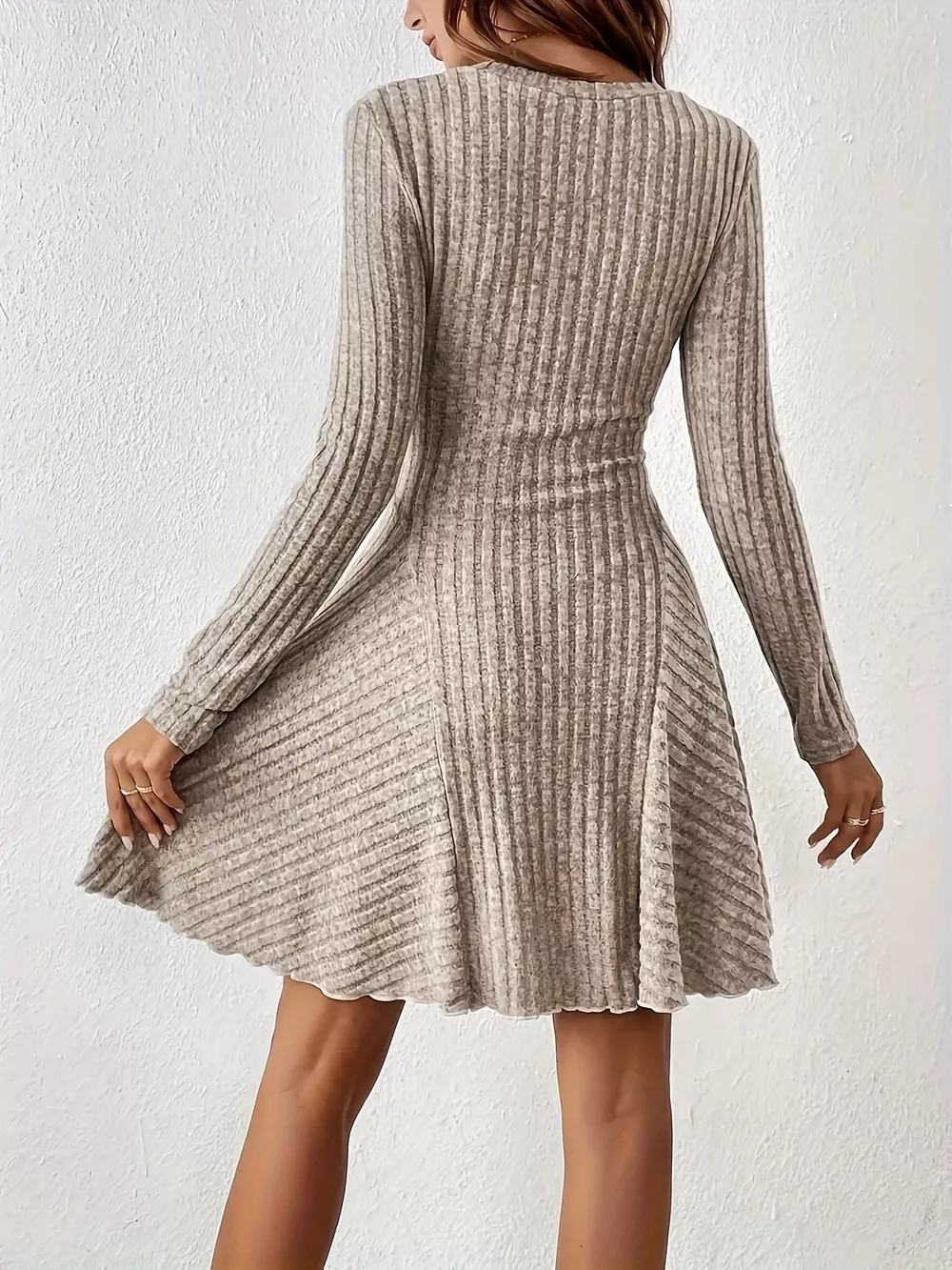 V-Neck Ribbed Knit Flared Knit Dress, image 2