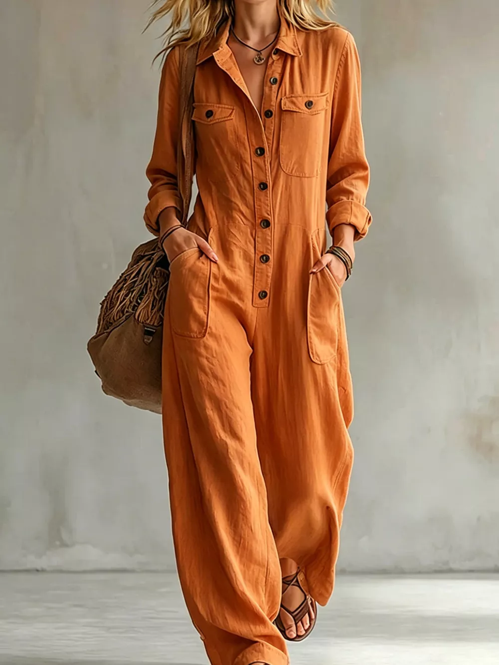 Full Size Long Sleeve Button Front Jumpsuit Plus Size, image 16