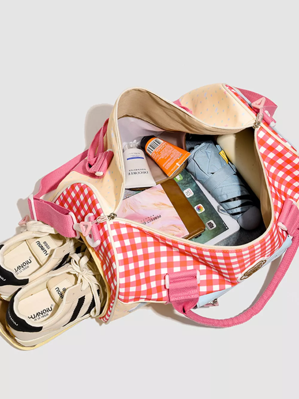 Gingham Duffel Bag with Multi-Pockets, image 5