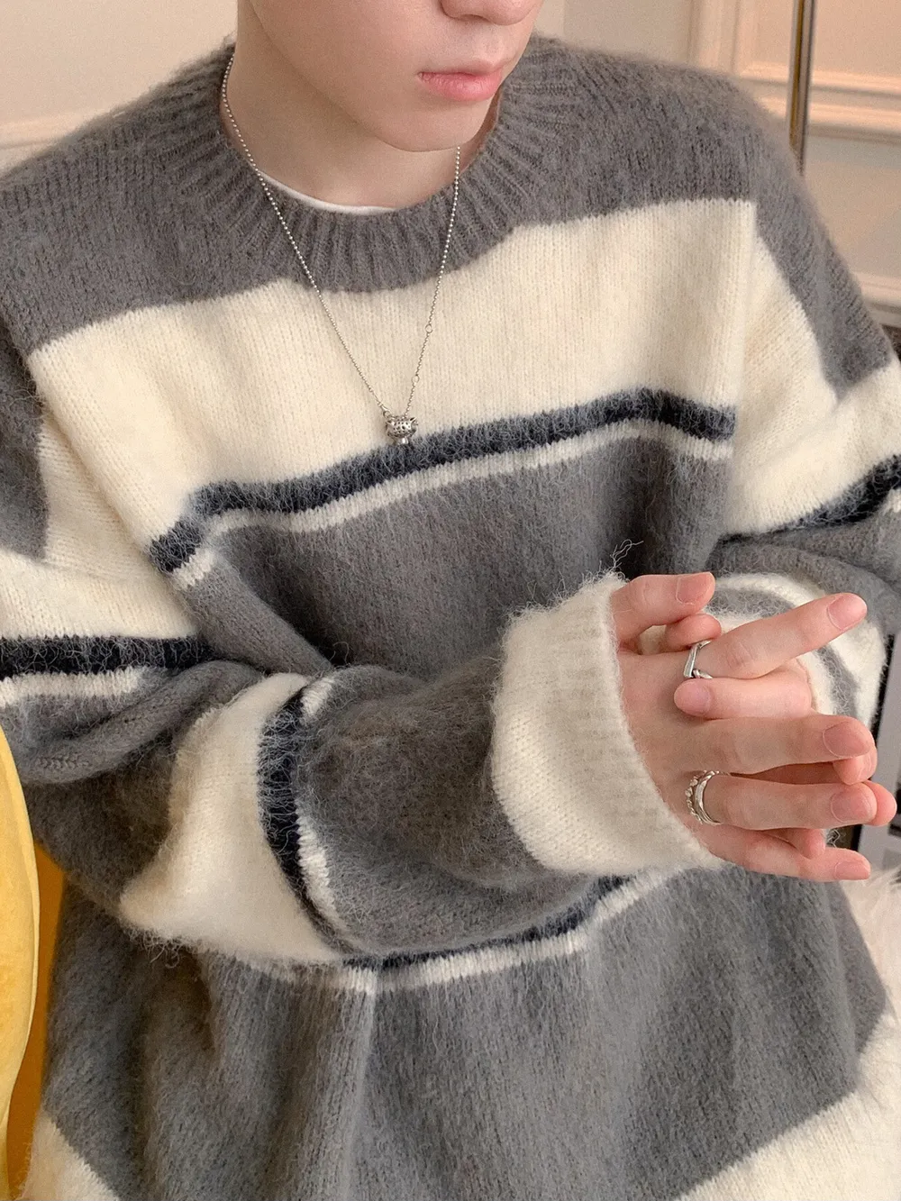 Men's Striped Fuzzy Knit Pullover Sweater, image 3
