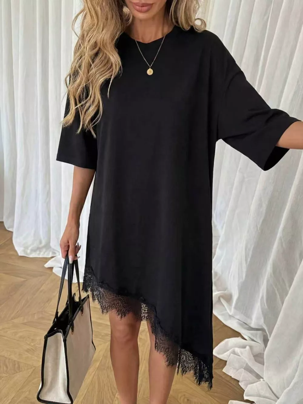 Lace Trim Asymmetrical Hem T-shirt Dress, image 8