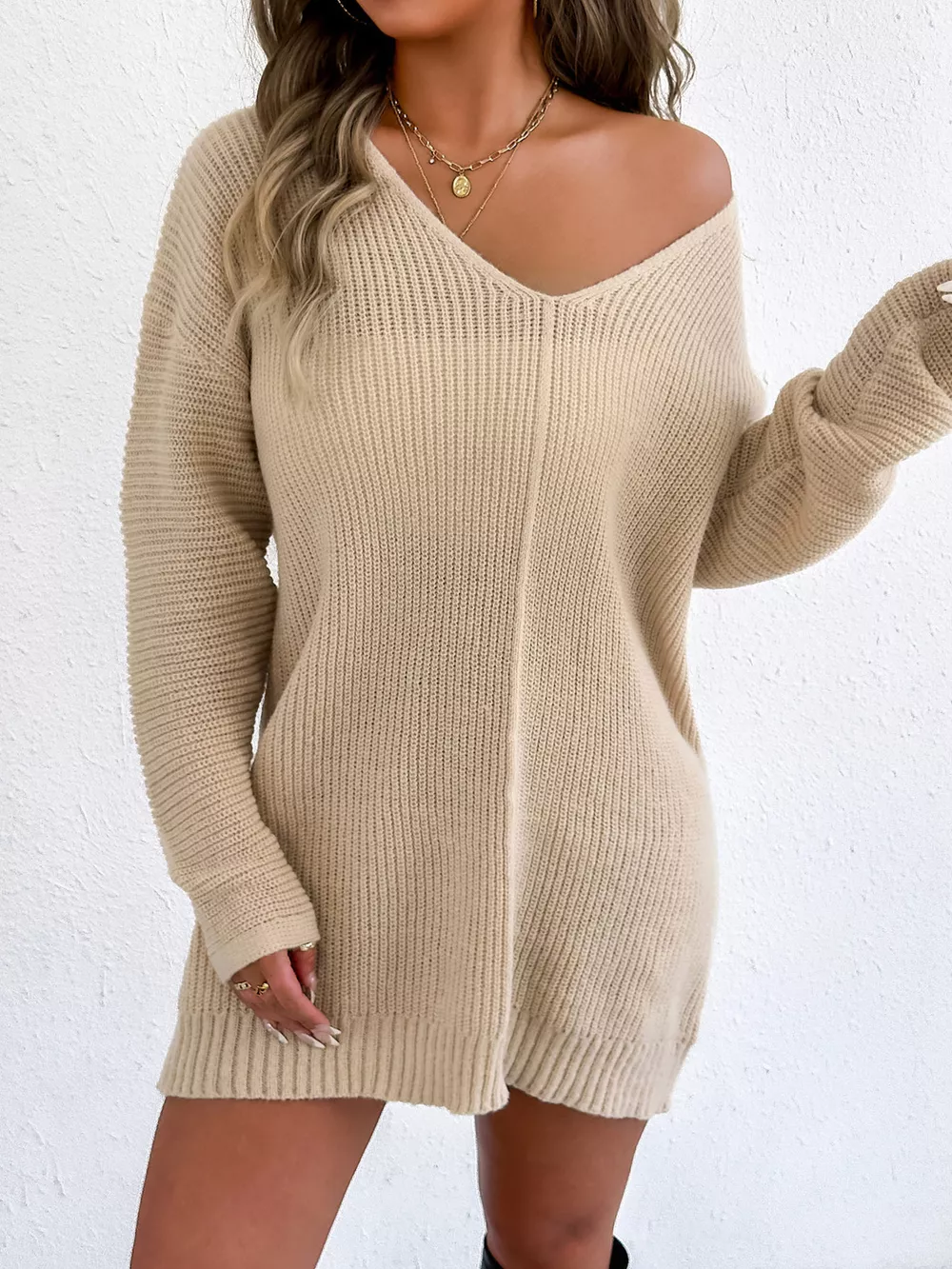 V-Neck Ribbed Knit Sweater Dress, image 8