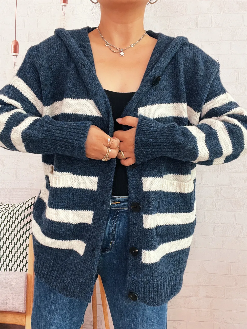 Striped Button-Up Hooded Cardigan, image 25