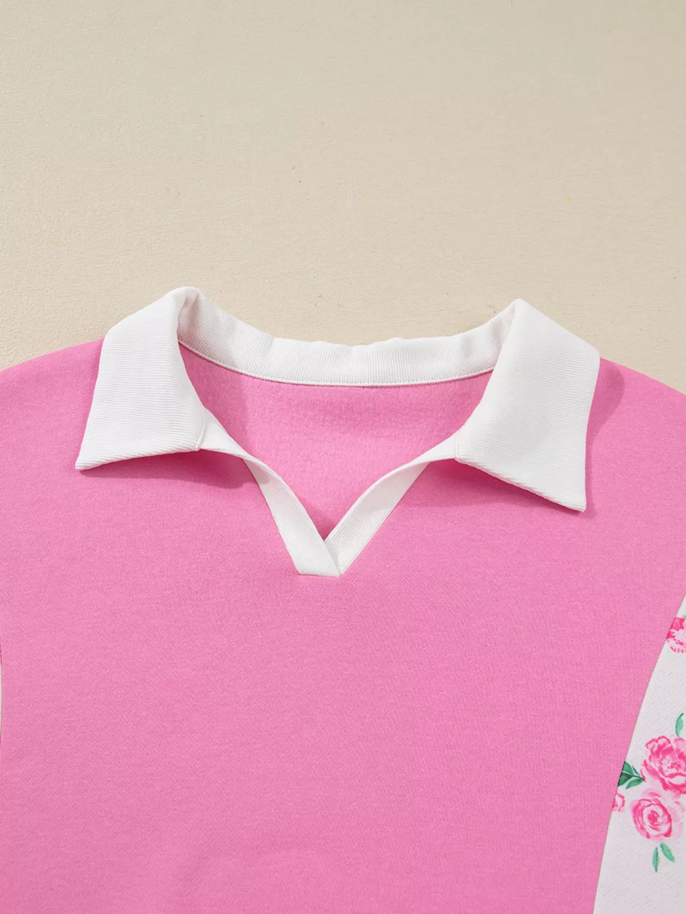 Plus Size Contrast Polo Collar Floral Patchwork Elastic Cuffs Long Sleeve Top, image 8