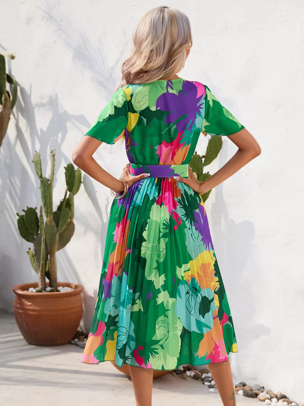 Pleated Tropical Print Belted Midi Dress, image 10