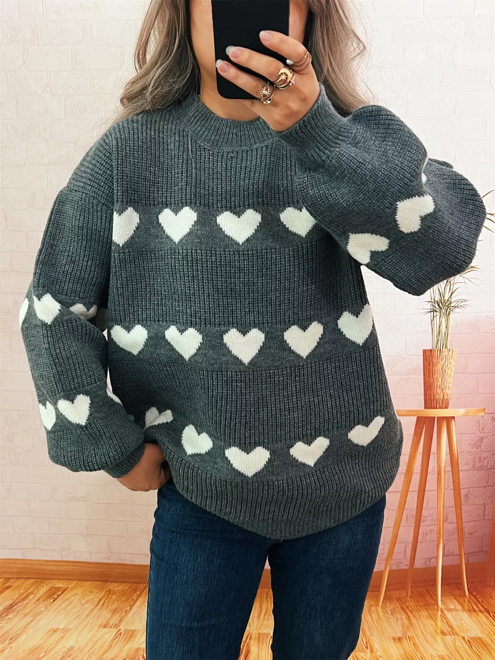 Heart Pattern Dropped Shoulder Sweater, image 9