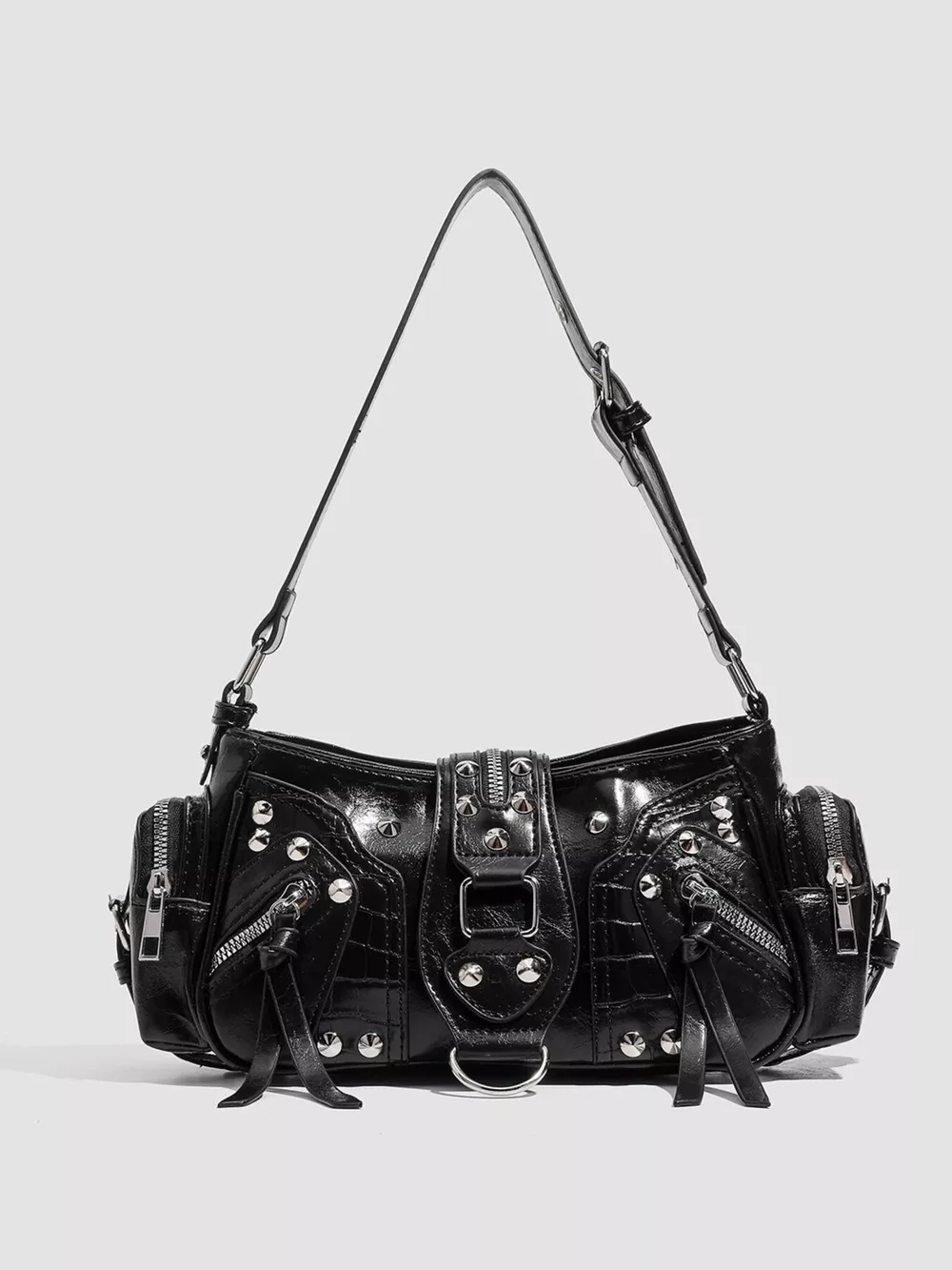 Y2K Style Rivet Embellished Patent Leather Shoulder Bag