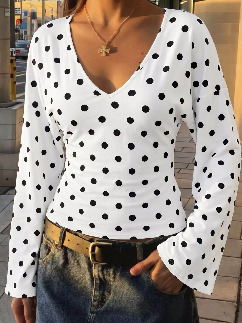 Polka Dot V-Neck Long Sleeve T-Shirt, image 2