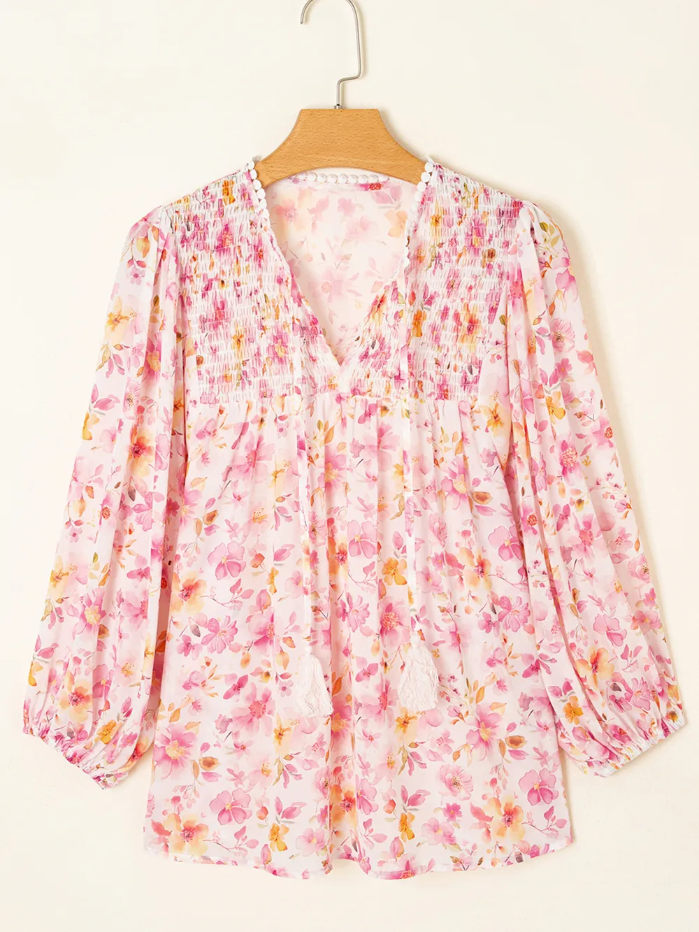 Floral Print Tassel Tie Smocked Puff Sleeve Blouse, image 8