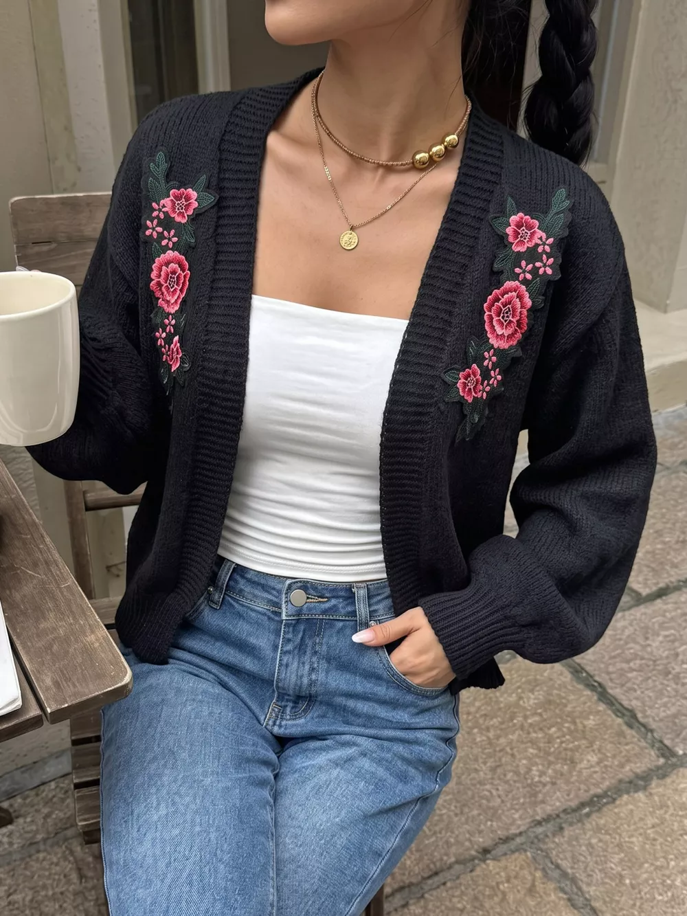 Floral Embroidered Applique Knit Cardigan, image 4