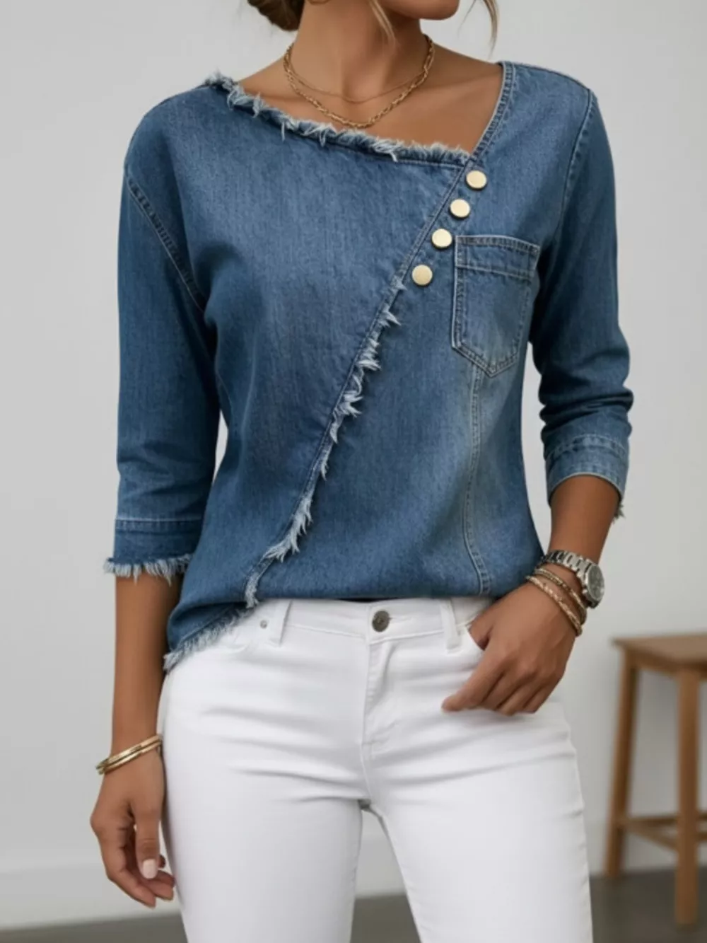 Asymmetric Raw-Edge Button-Detail Denim Top