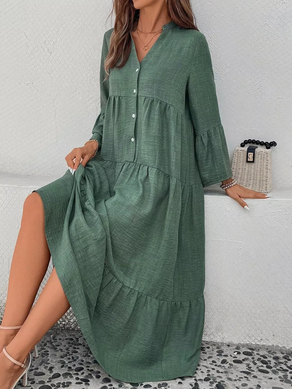 Ruffle Hem Button Front Tiered Dress, image 30