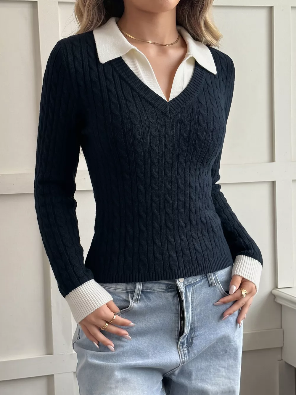 Cable Knit Contrast Collar Sweater, image 3