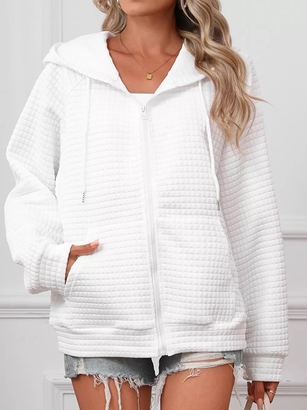 Full Size Textured Quilted Zip-Up Hooded Jacket Plus Size, image 24