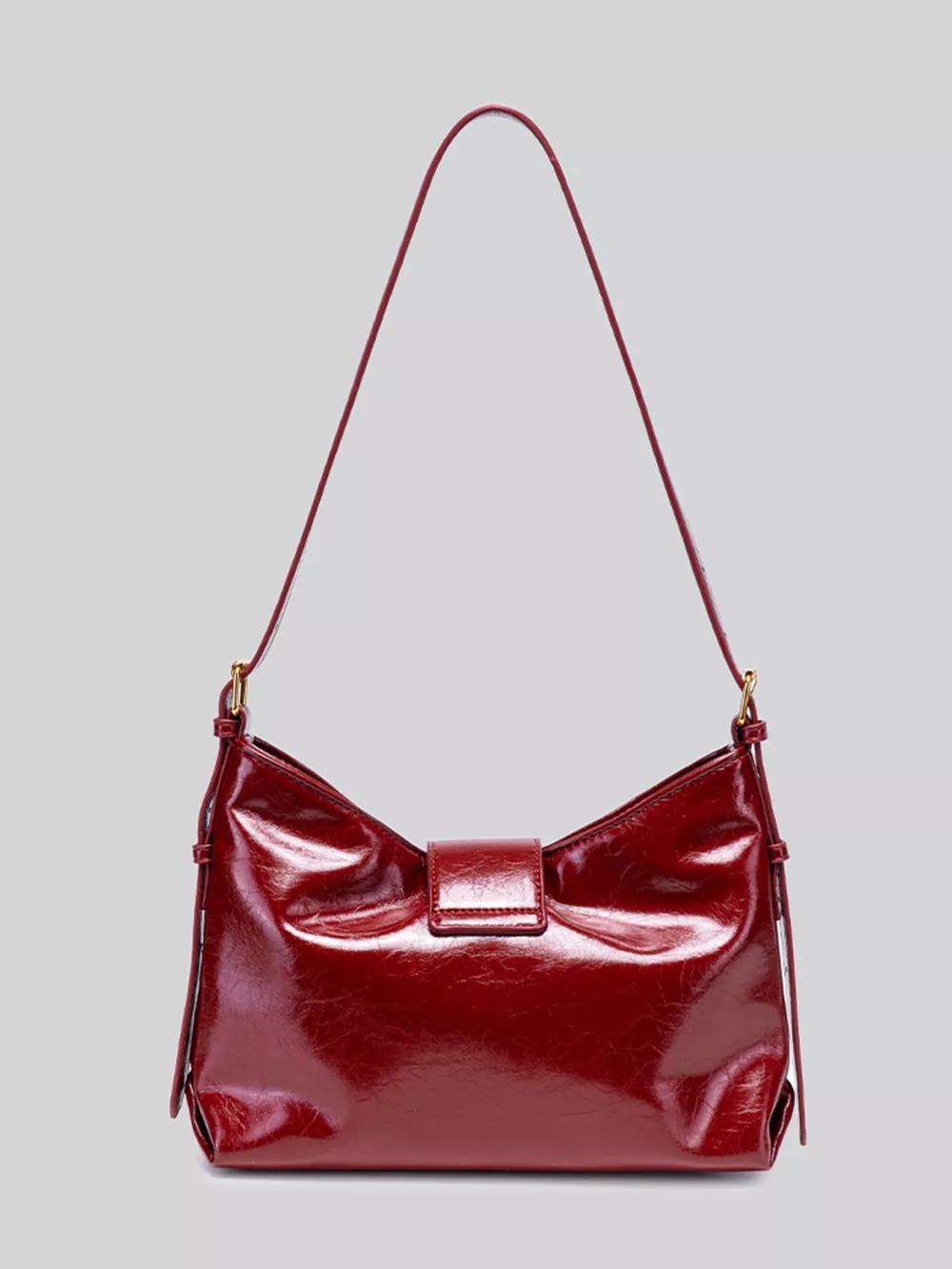 Elegant Glossy Patent Leather Shoulder Bag with Crescent Gold Accent, image 3