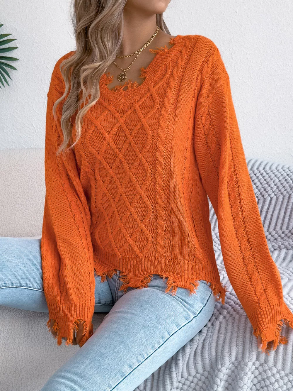 V-Neck Distressed Hem Cable Knit Sweater, image 8