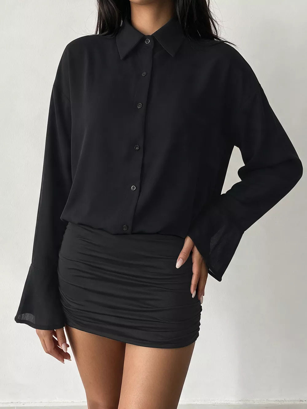 Button Front Flounce Sleeve Bodycon Shirt Dress, image 11