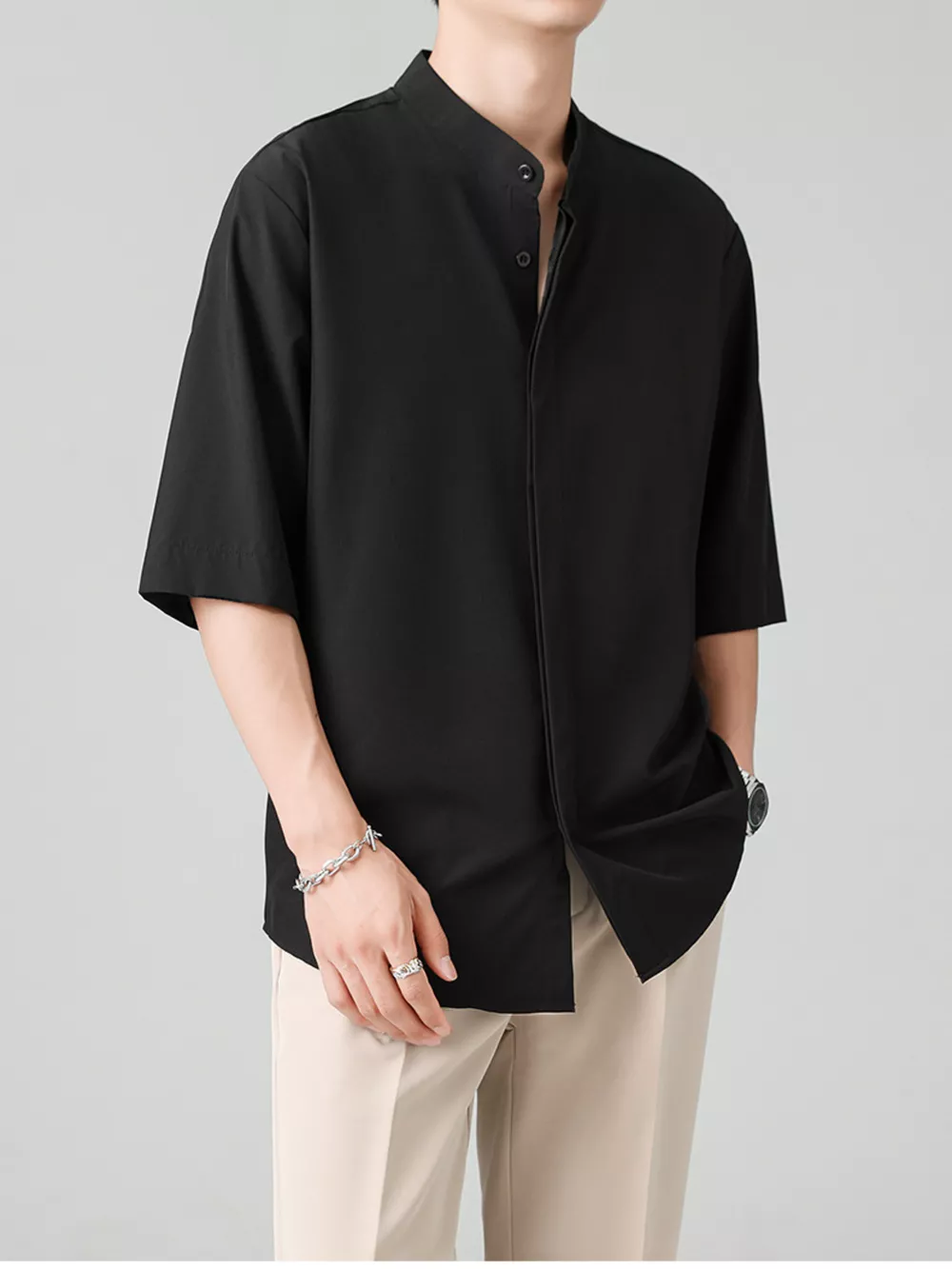 Men's Full Size Casual Mandarin Collar Half Sleeve Shirt Plus Size, image 7