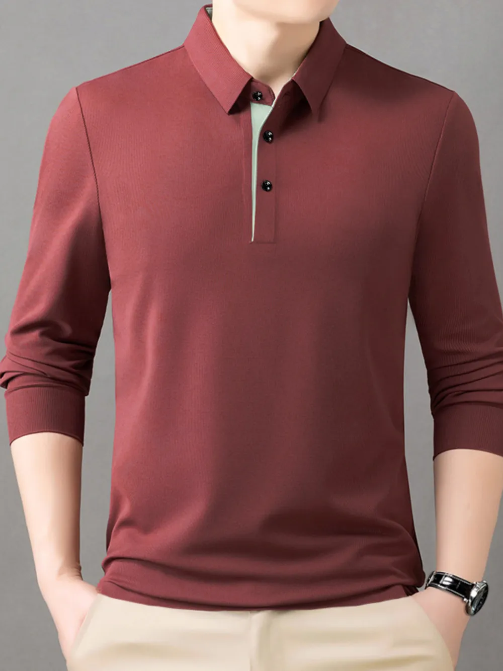 Men's Button Detail Long Sleeve Polo, image 2