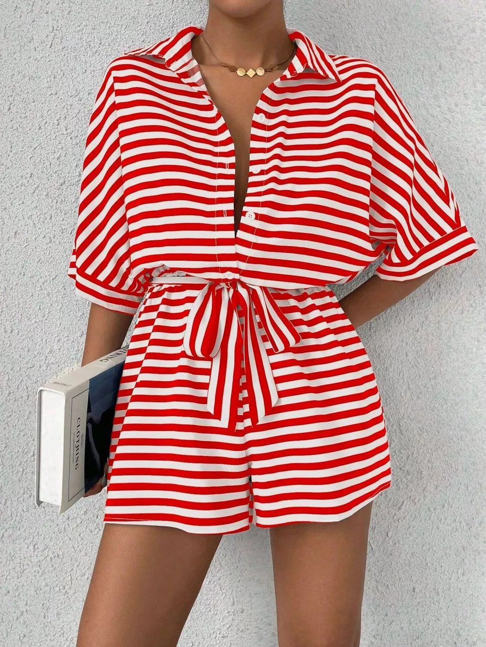 Striped Button Front Half Sleeve Romper, image 2