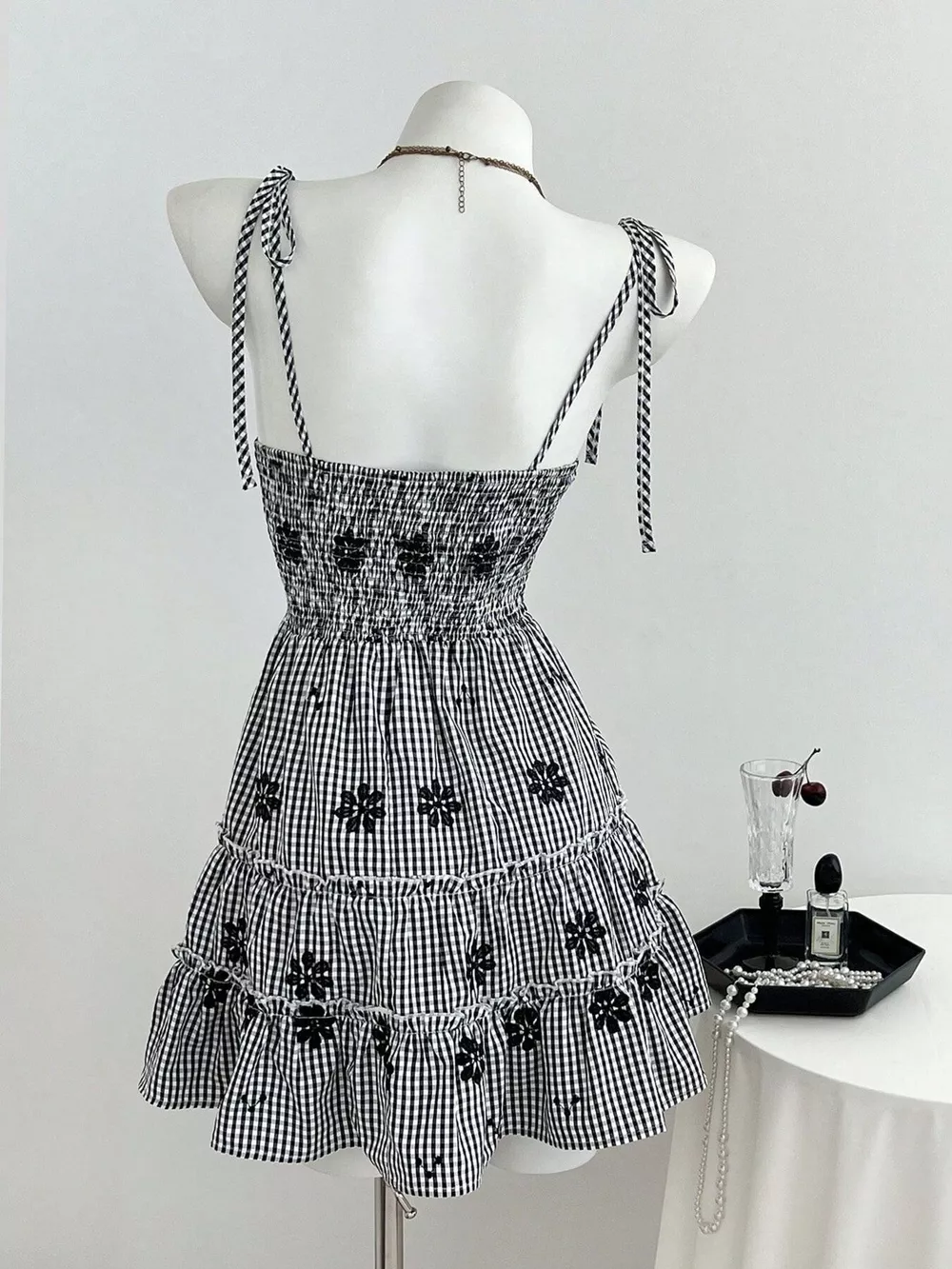 Gingham Floral Tiered Mini Dress, image 3