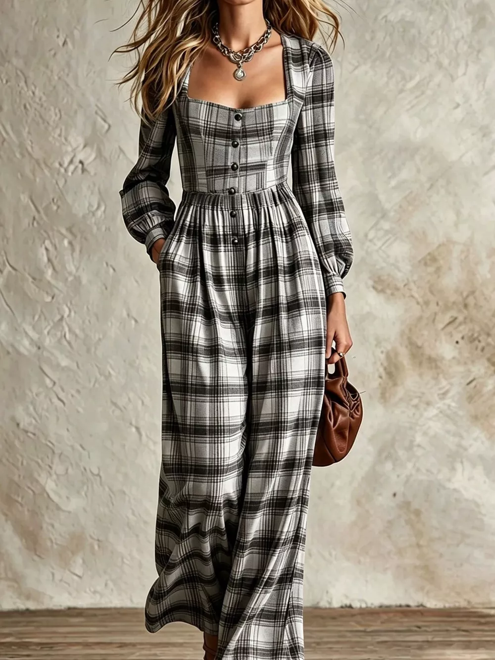 Plaid Square Neck Long Sleeve Wide Leg Jumpsuit
