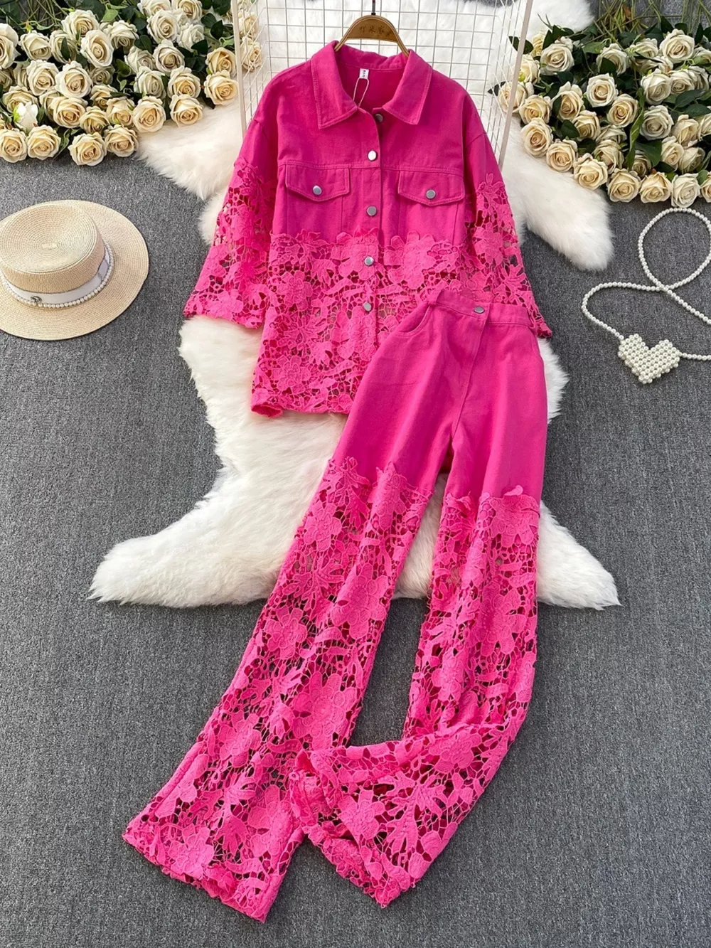 Lace Patchwork Shacket and Pants Set, image 16