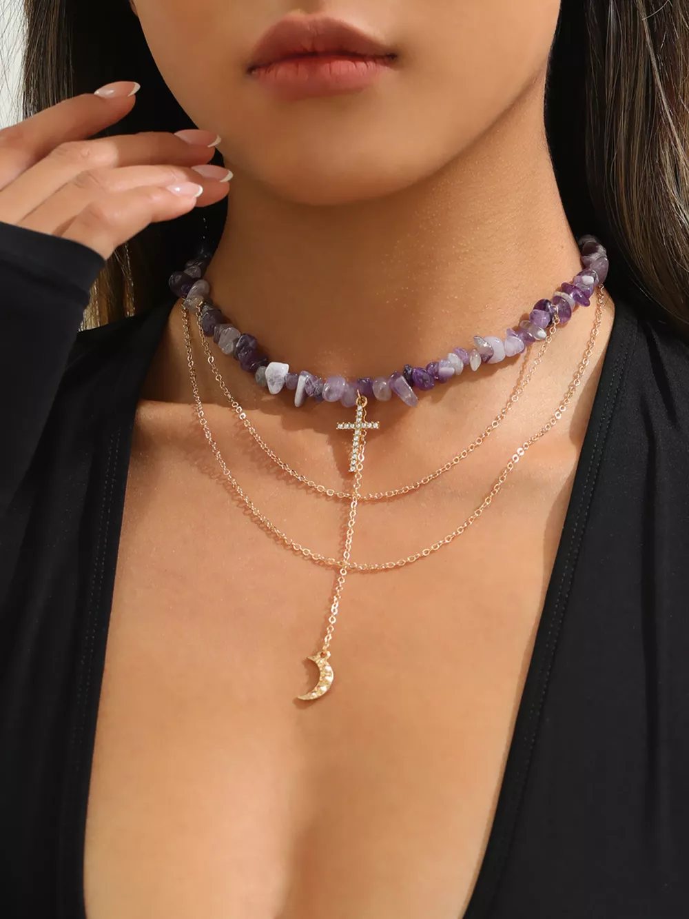 Layered Cross and Moon Pendant Necklace, image 2