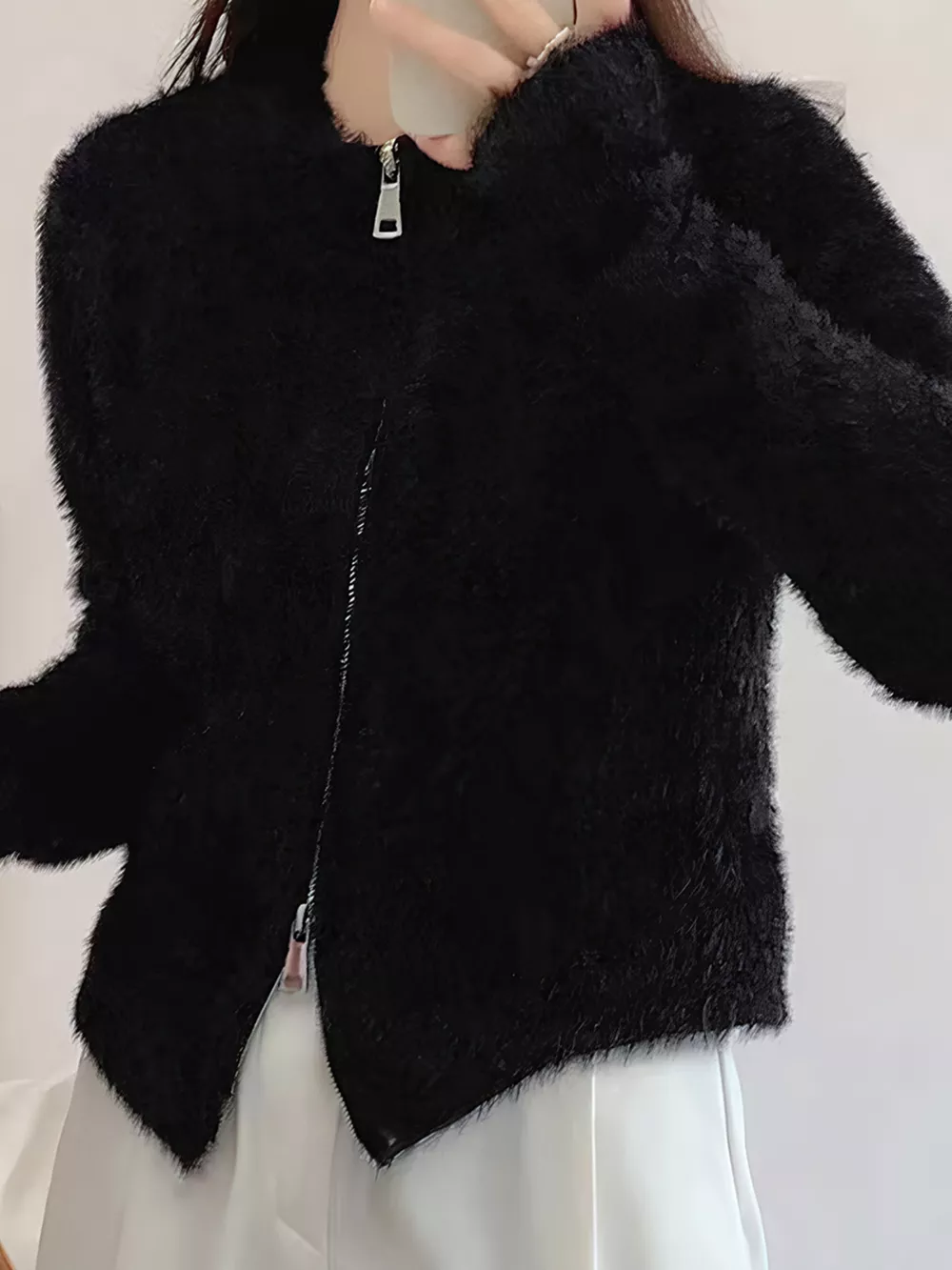 Fluffy Knit Zip-Up Outerwear