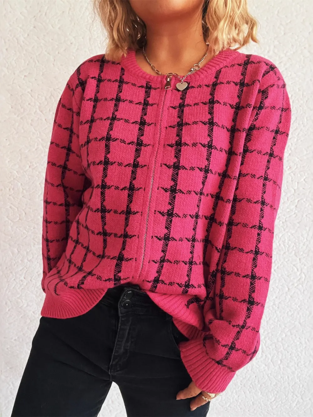 Plaid Pattern Zip Up Cardigan, image 24