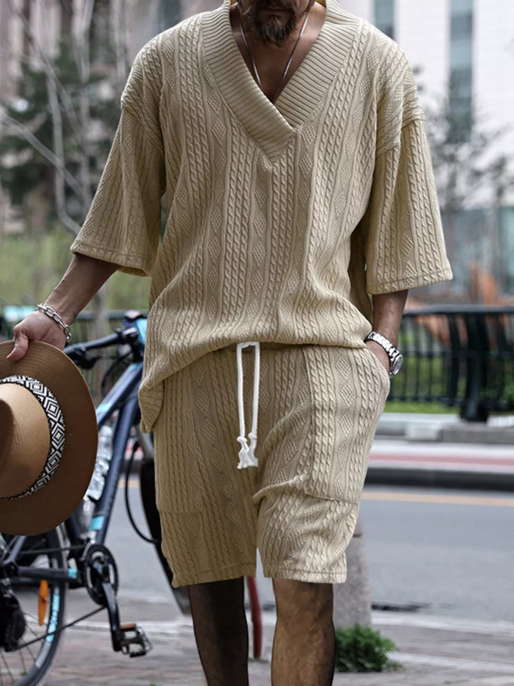 Men's Full Size Casual Knit V-Neck Short Sleeve Top and Shorts Set Plus Size, image 16