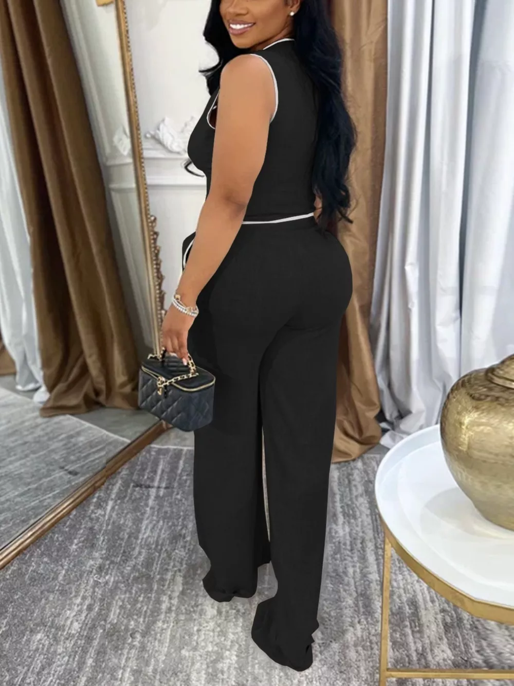 Contrast Trim Vest and Wide-Leg Pants Two-Piece Set, image 4