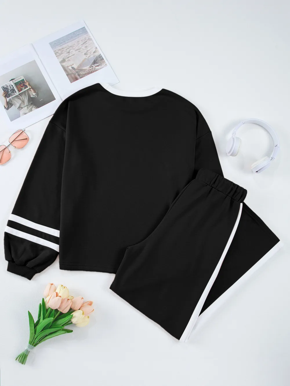 Contrast Trim Round Neck Top and Pants Set, image 23