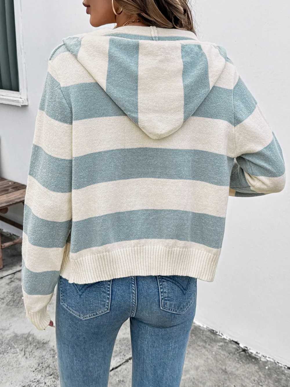 Drawstring Zip Up Striped Cardigan, image 9