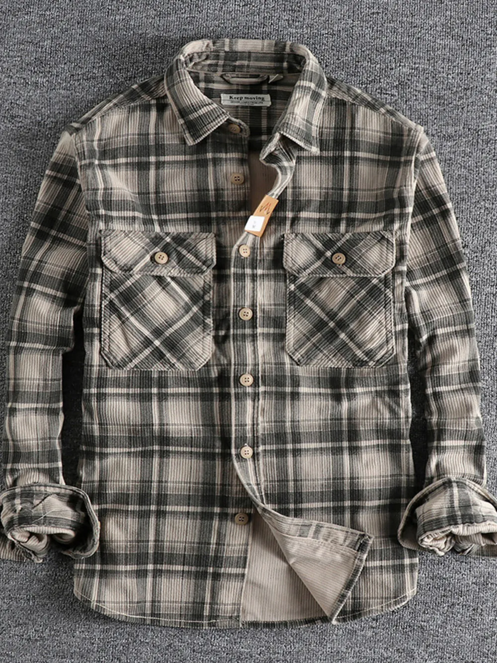 Men's Plus Size Button Down Plaid Corduroy Shirt with Chest Pockets