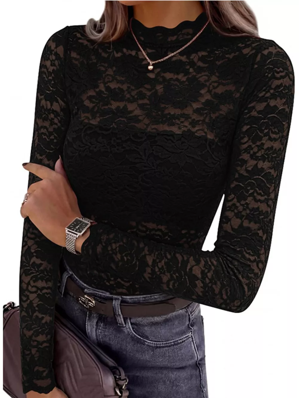 Mock Neck Floral Lace Long Sleeve Blouse, image 13