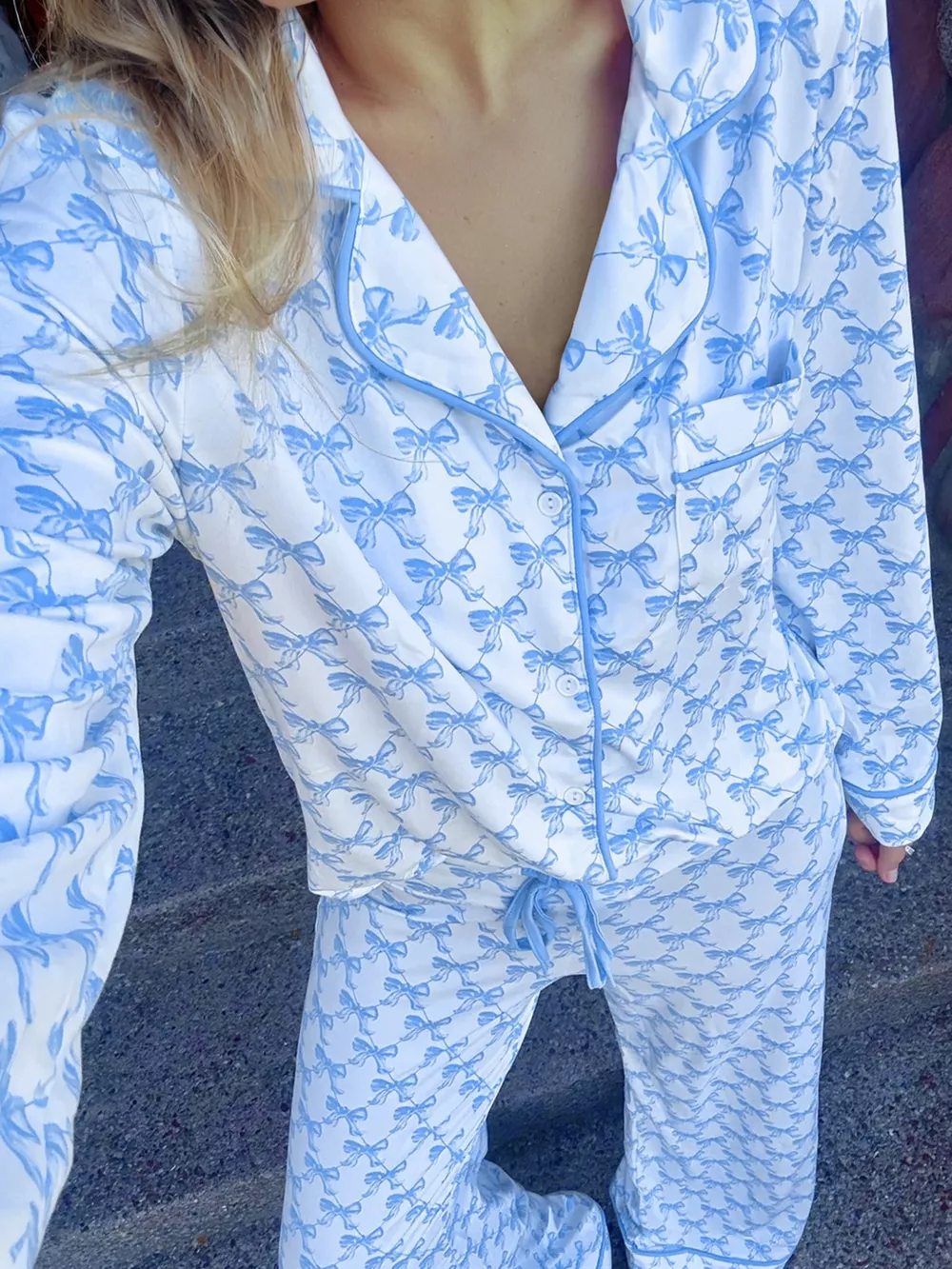 Bow Print Long Sleeve Shirt and Pants Pajama Set, image 10
