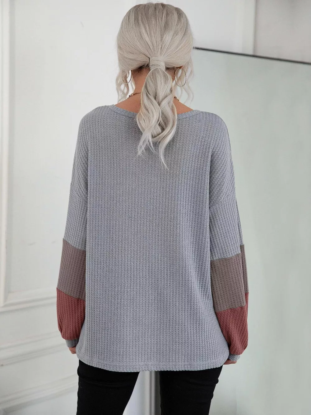 V-Neck Waffle Knit Long Sleeve T-Shirt, image 4