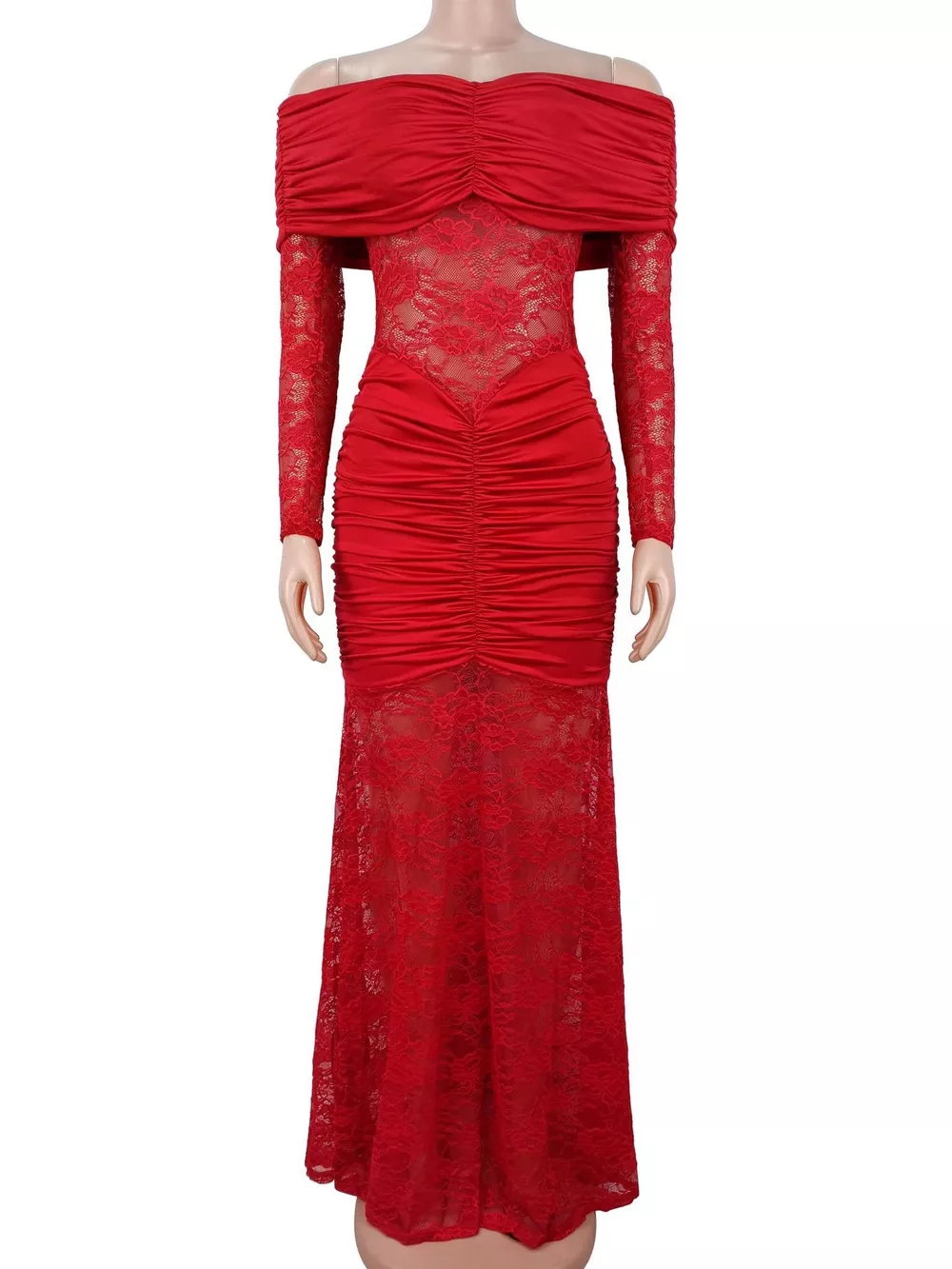 Off-Shoulder Ruched Lace Mermaid Maxi Dress, image 4