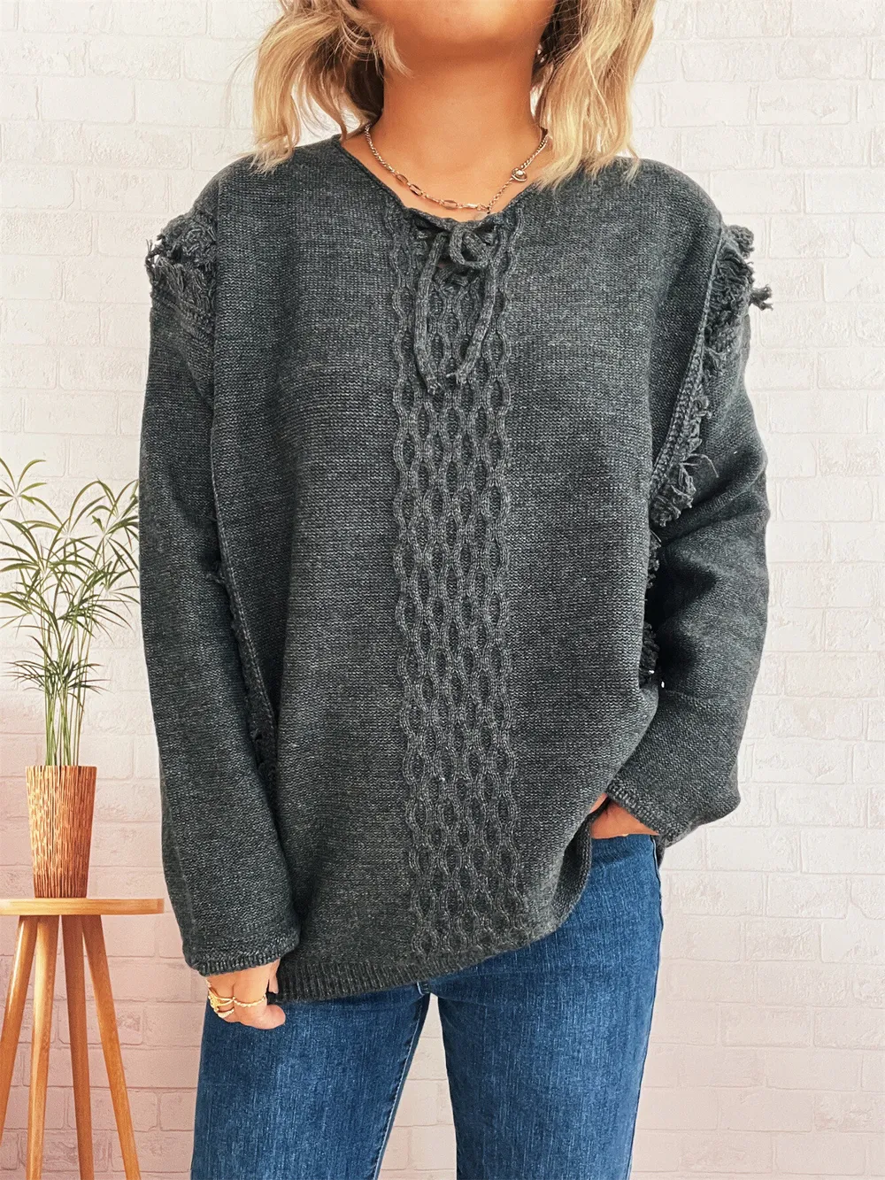Raw Hem Lace Up Front Sweater, image 11
