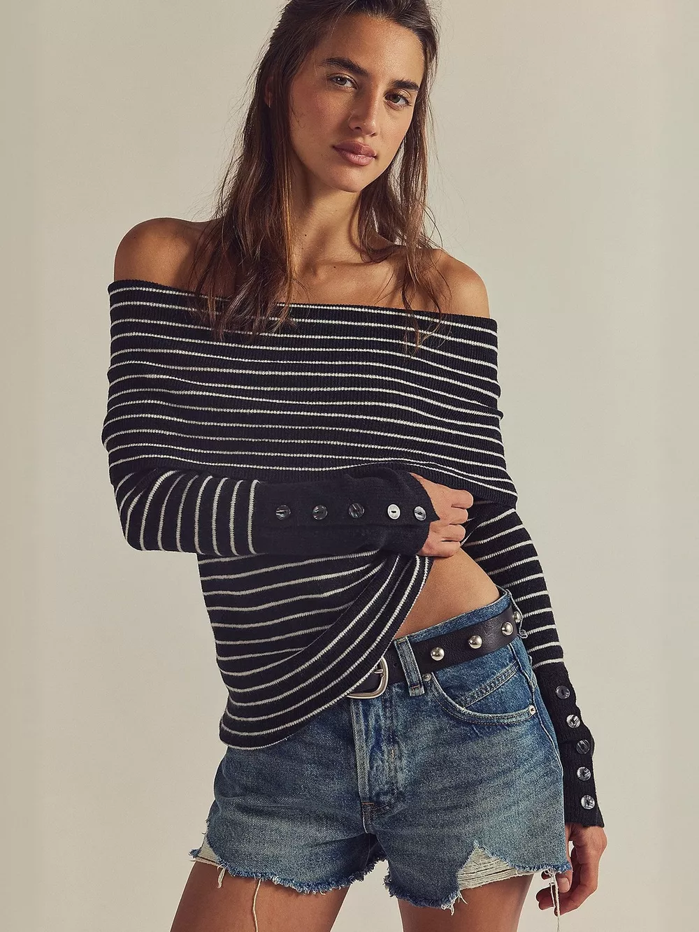 Striped Off-Shoulder Long Sleeve Knit Top, image 2