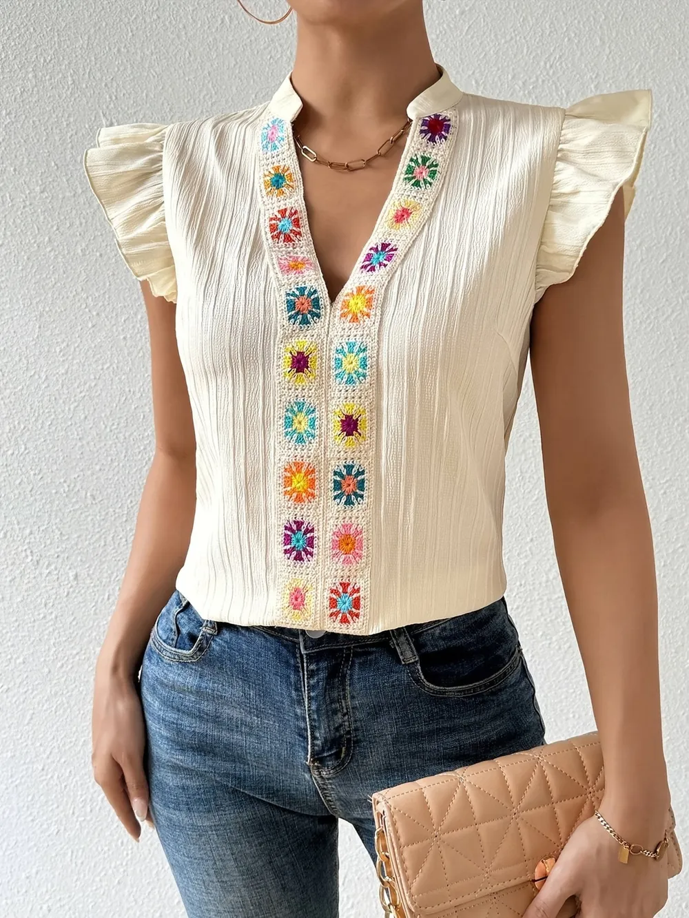 Embroidered Cap Sleeve Notched Blouse