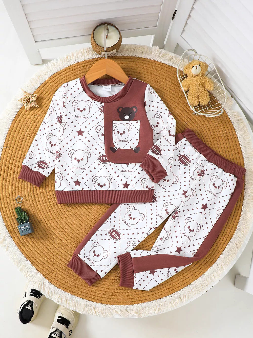 Children's Bear Print Long Sleeve Sweatshirt and Pants Set