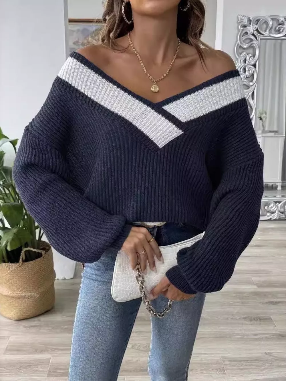 Contrast Trim V-Neck Ribbed Sweater, image 14